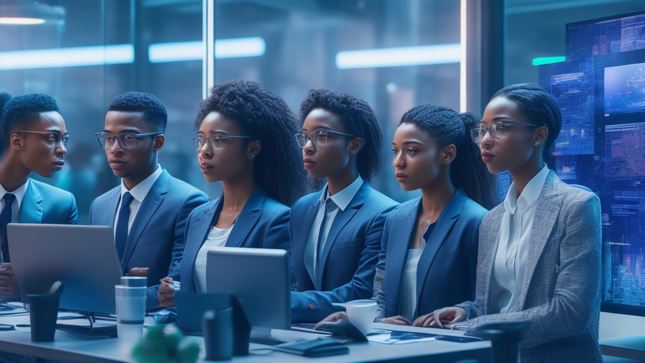 A dynamic, cinematic scene of diverse young tech entrepreneurs collaborating intensely around futuristic transparent digital screens in a sleek modern workspace, with holographic AI data visualizations glowing softly, capturing the energy and innovation of a bustling 2025 technology startup hub.