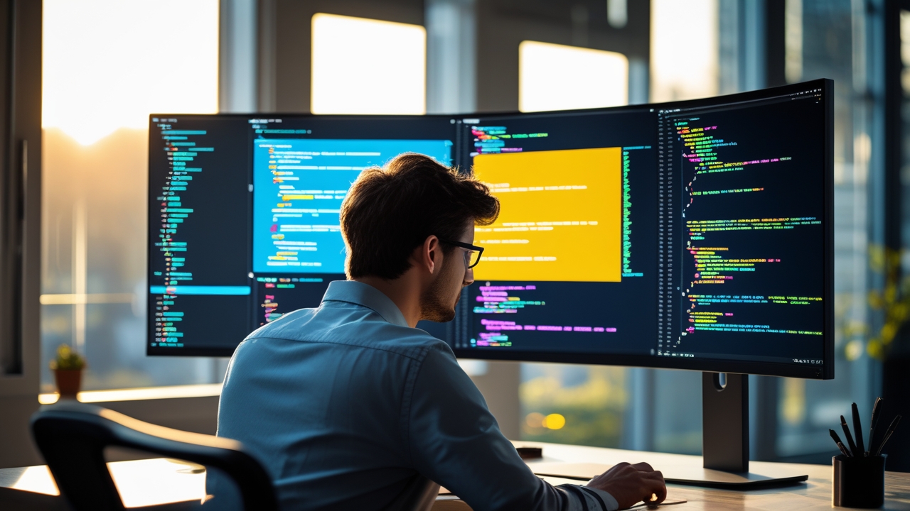 {"prompt":"A modern workspace with a young entrepreneur working on a 32-inch ultra-sharp monitor displaying colorful code and graphics, lit by natural morning window light, shallow depth of field, 50mm lens.","negative_prompt":"AI-generated, CGI, cartoon, painting, illustration, low resolution, oversaturated, blurry, staged, artificial lighting, text, logos, fake, distorted"}