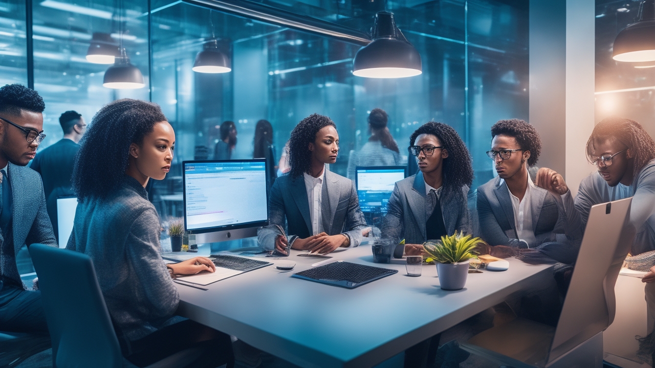 A dynamic, cinematic scene of diverse young entrepreneurs collaborating intensely over digital devices and futuristic holographic interfaces in a sleek modern co-working space, illuminated by dramatic natural and artificial light, conveying innovation, technology, and the energetic spirit of startup culture.