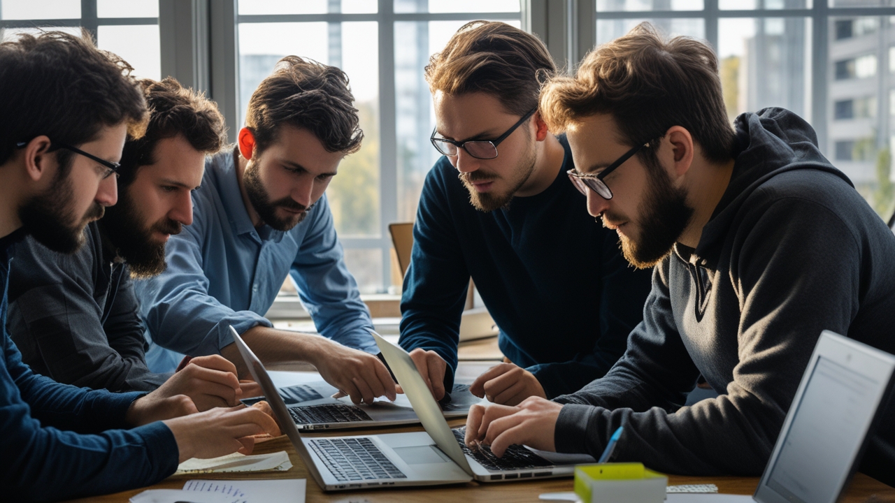 {"prompt":"Early morning startup office scene with diverse developers collaborating intensely over laptops and notes, natural window light, candid and focused mood, 50mm prime lens","negative_prompt":"illustration, cartoon, drawing, CGI, 3D render, blurry, low resolution, artificial lighting, staged, text, logos"}
