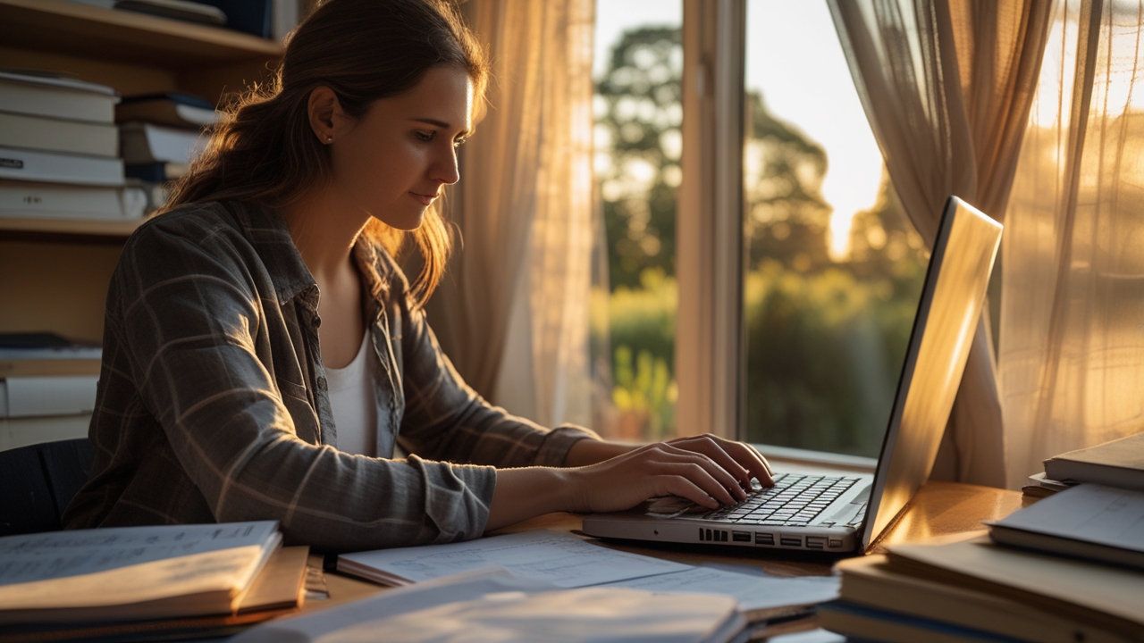 {"prompt":"A focused writer types on a laptop in a sunlit home office during morning golden hour, surrounded by notebooks and research papers, natural window light through sheer curtains, 50 mm prime lens.","negative_prompt":"illustration, CGI, cartoon, painting, abstract, blurry, low resolution, artificial lighting, staged, studio lighting, text, logo, watermark, oversaturated, surreal"}